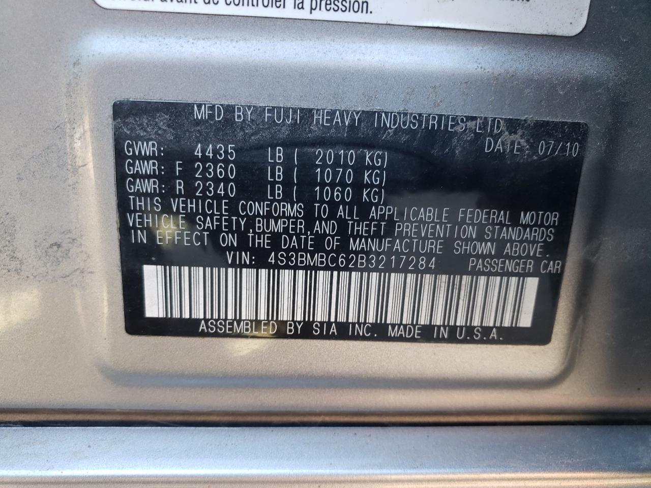 Photo 10 from auction – 2011 SUBARU LEGACY with VIN 4S3BMBC62B3217284