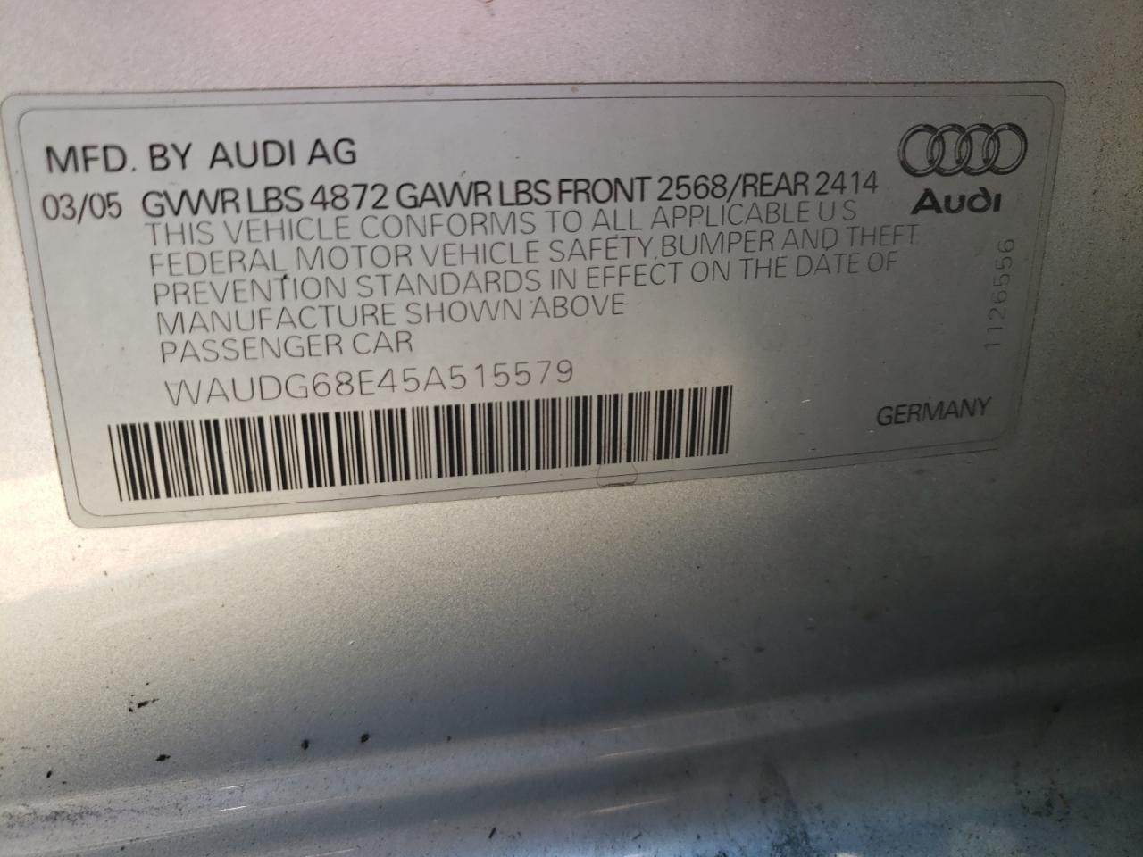 Foto 10 de la subasta – 2005 AUDI A4 3.2 QUA con VIN WAUDG68E45A515579