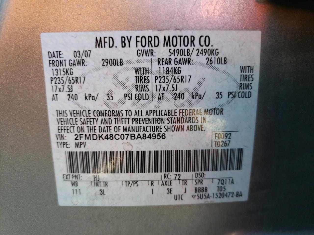 Photo 10 from auction – 2007 FORD EDGE SEL with VIN 2FMDK48C07BA84956