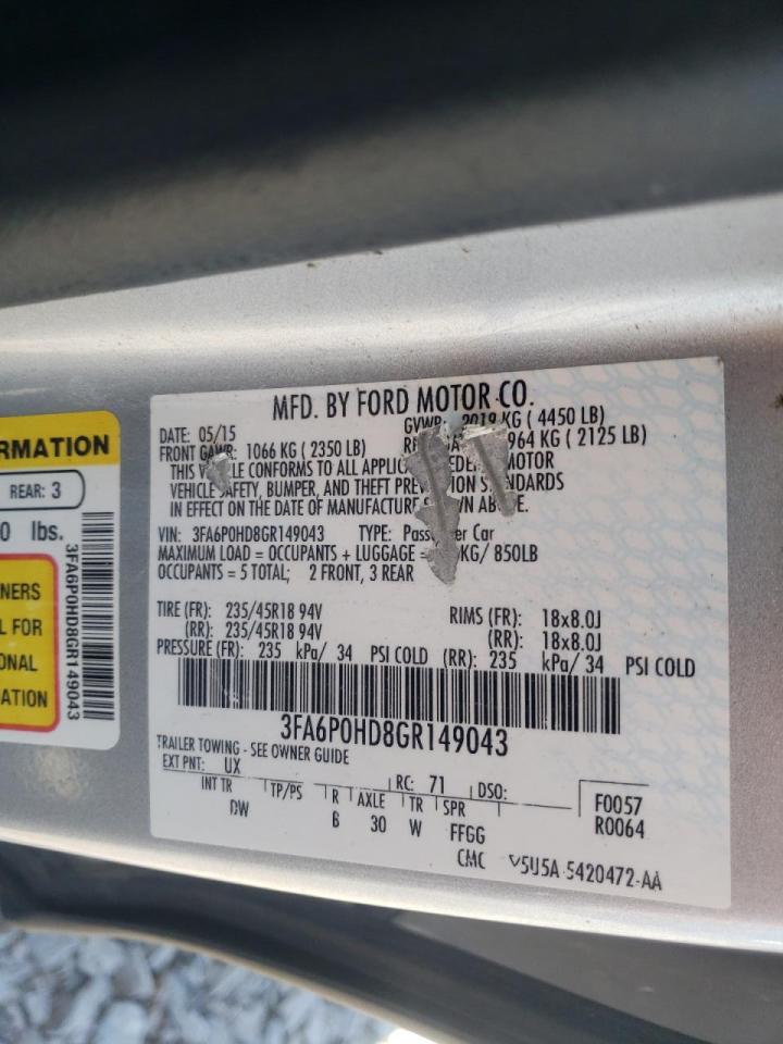 Photo 10 from auction – 2016 FORD FUSION SE with VIN 3FA6P0HD8GR149043