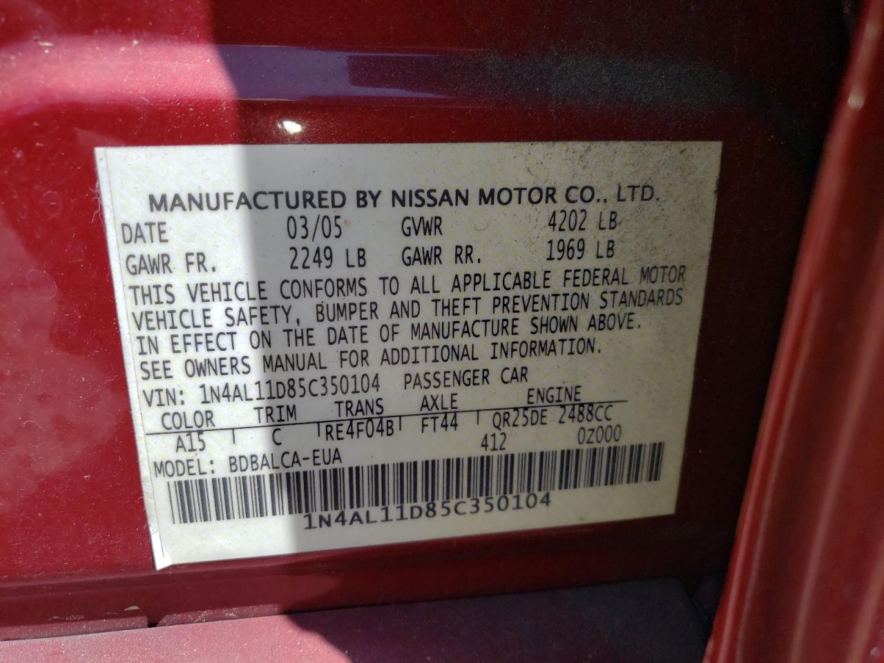 Photo 10 from auction – 2005 NISSAN ALTIMA S with VIN 1N4AL11D85C350104