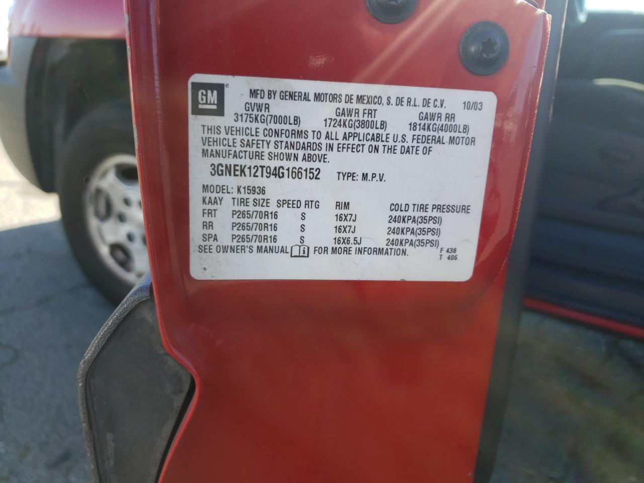 Photo 10 from auction – 2004 CHEVROLET AVALANCHE with VIN 3GNEK12T94G166152
