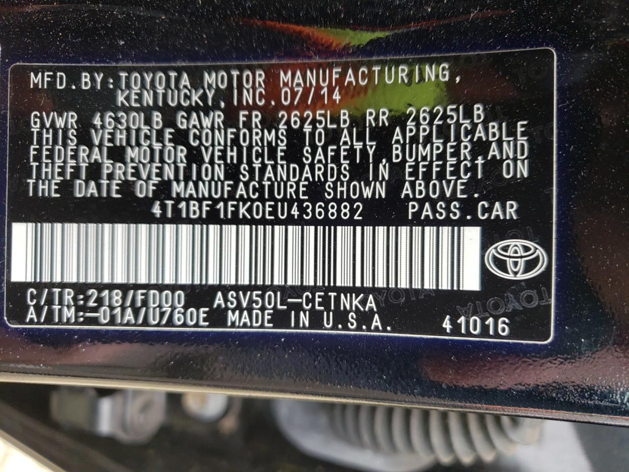 Photo 10 from auction – 2014 TOYOTA CAMRY L with VIN 4T1BF1FK0EU436882