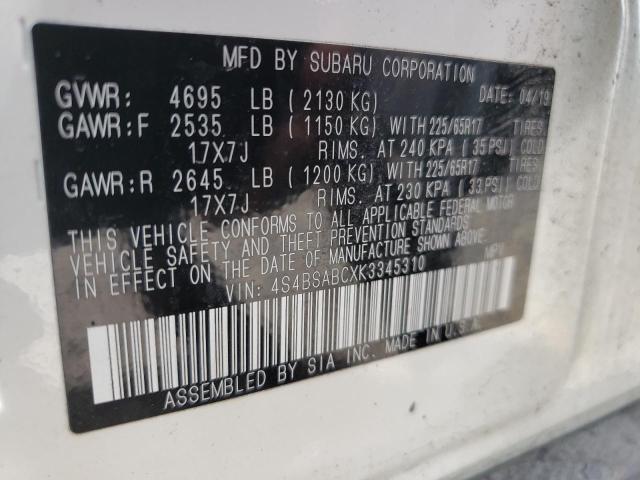 Photo 10 from auction – 2019 SUBARU OUTBACK 2. with VIN 4S4BSABCXK3345310