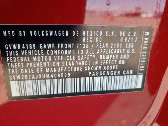 Photo 10 from auction – 2017 VOLKSWAGEN JETTA S with VIN 3VW2B7AJ3HM409599