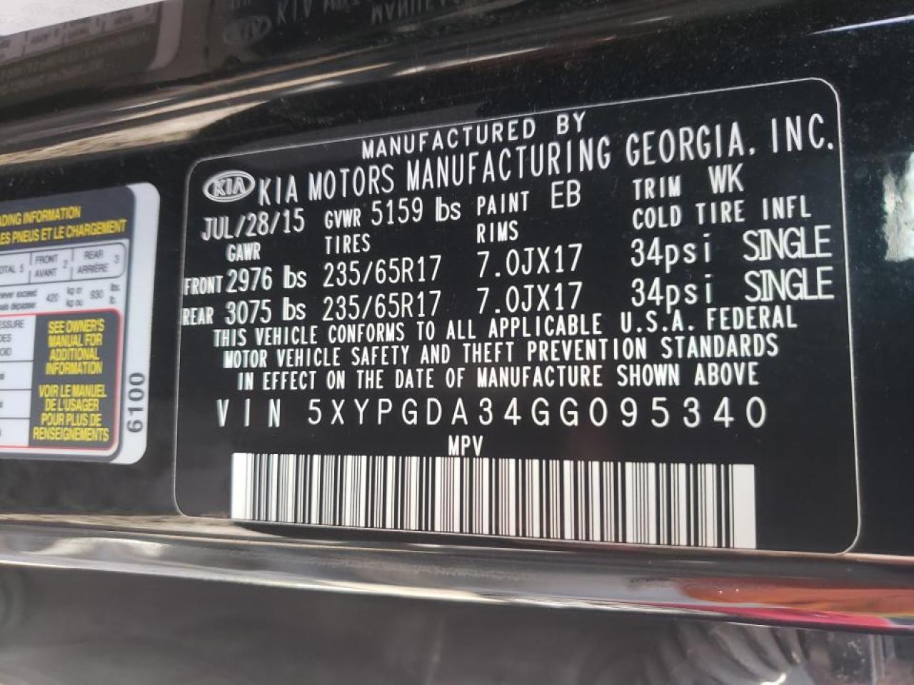 Photo 10 from auction – 2016 KIA SORENTO LX with VIN 5XYPGDA34GG095340
