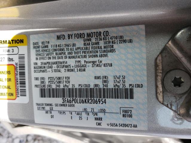 Photo 10 from auction – 2019 FORD FUSION SE with VIN 3FA6P0LU6KR206954