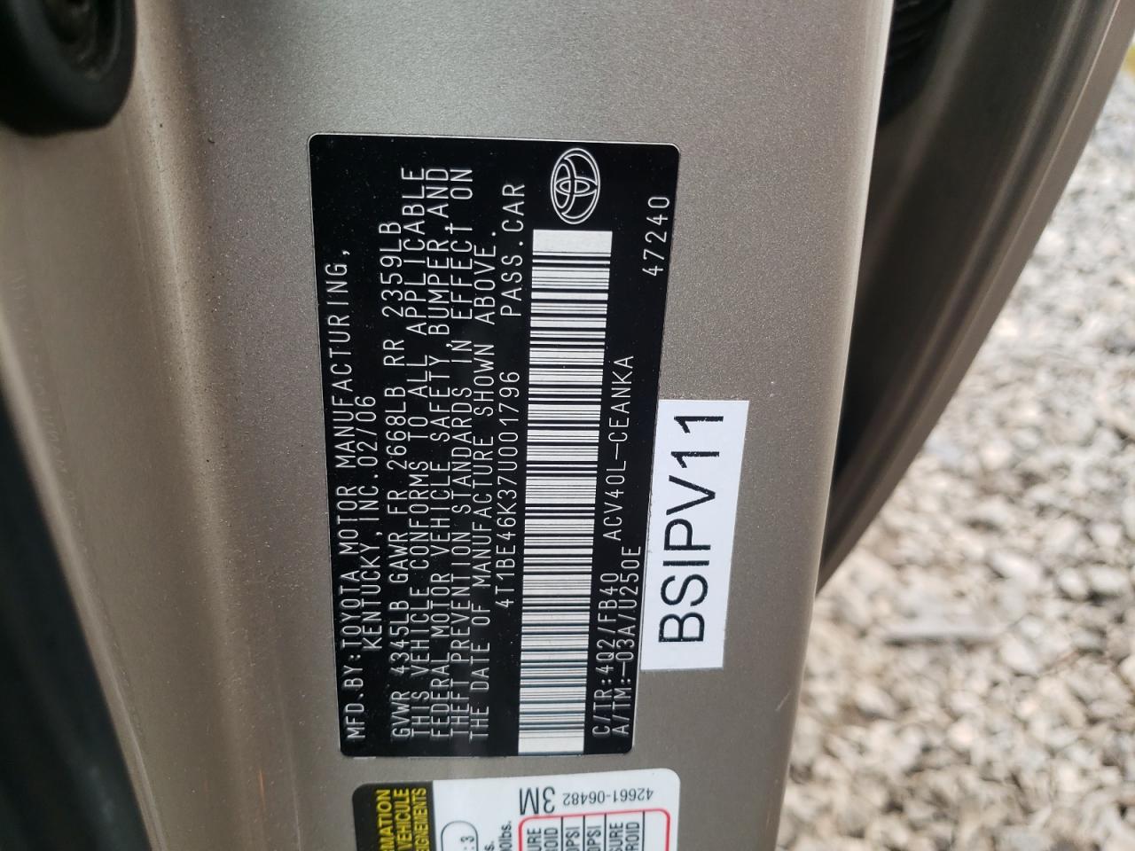 Photo 10 from auction – 2007 TOYOTA CAMRY CE with VIN 4T1BE46K37U001796