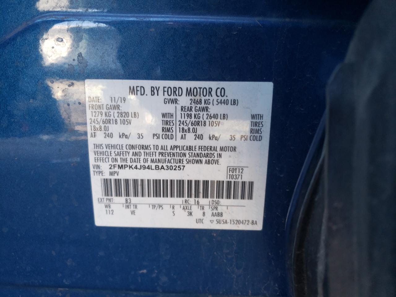 Photo 10 from auction – 2020 FORD EDGE SEL with VIN 2FMPK4J94LBA30257