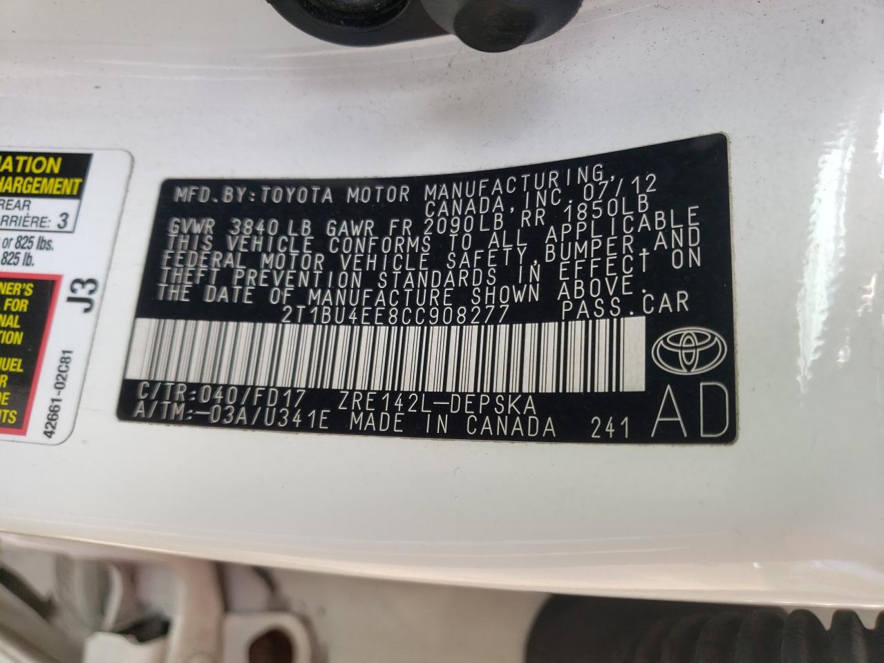 Photo 10 from auction – 2012 TOYOTA COROLLA BA with VIN 2T1BU4EE8CC908277