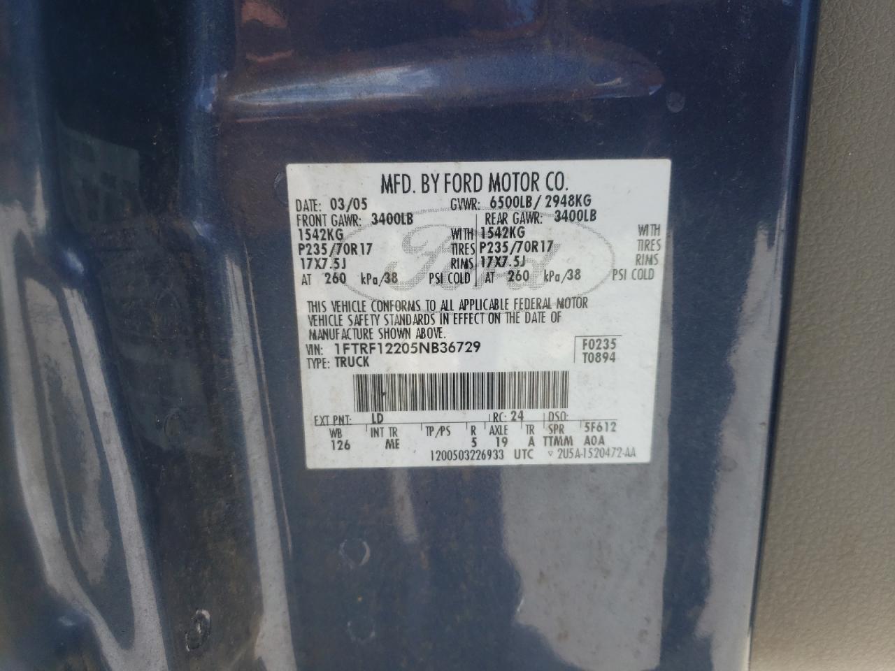 Photo 10 from auction – 2005 FORD F150 with VIN 1FTRF12205NB36729