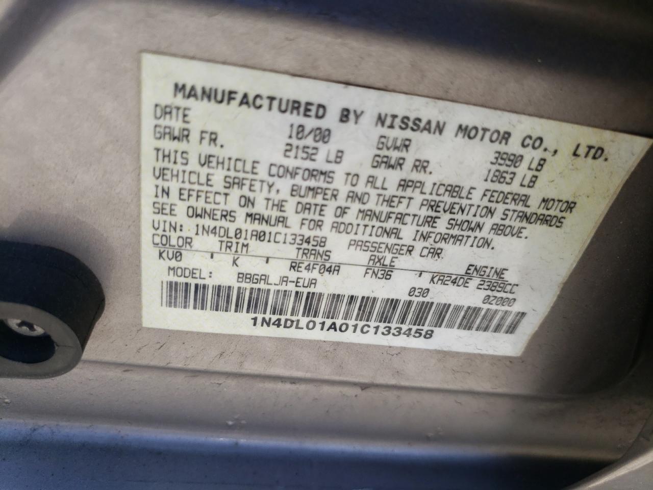 Photo 10 from auction – 2001 NISSAN ALTIMA GXE with VIN 1N4DL01A01C133458
