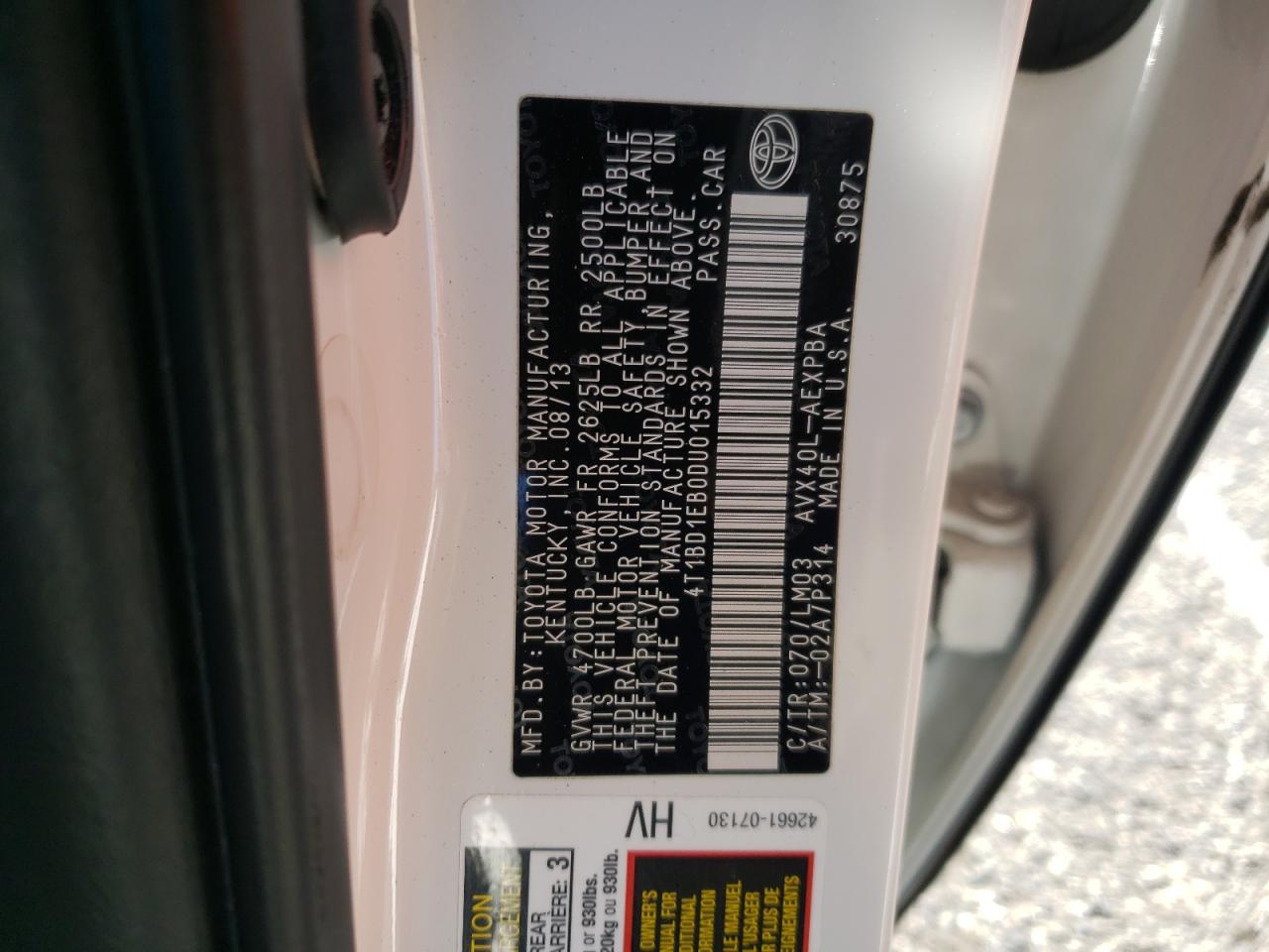 Photo 10 from auction – 2013 TOYOTA AVALON HYB with VIN 4T1BD1EB0DU015332