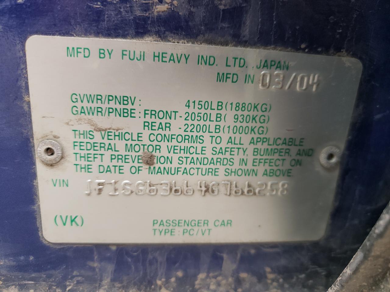 Photo 10 from auction – 2004 SUBARU FORESTER 2 with VIN JF1SG63664G766258