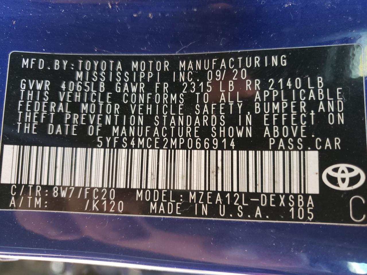 Photo 10 from auction – 2021 TOYOTA COROLLA SE with VIN 5YFS4MCE2MP066914
