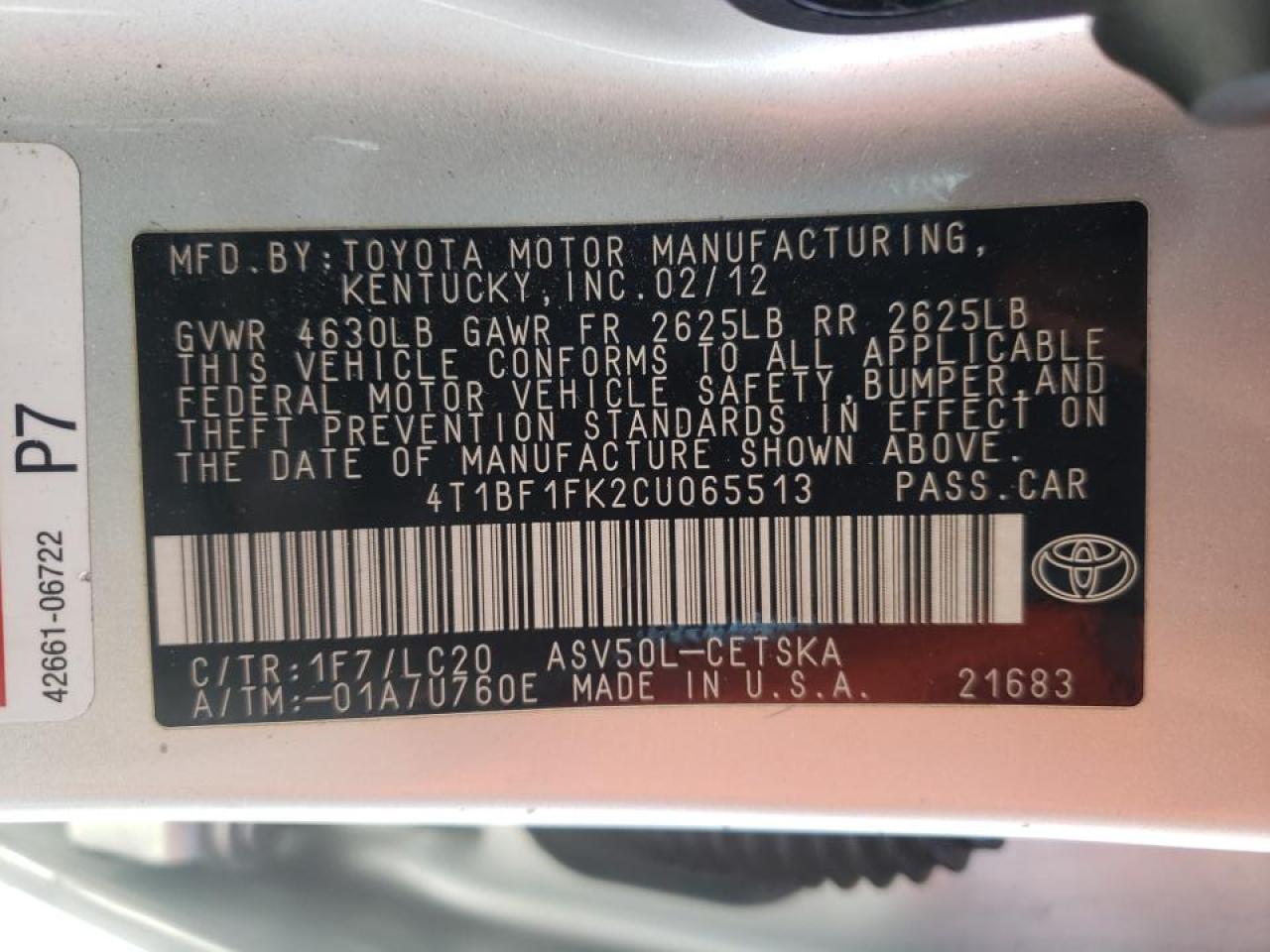 Photo 10 from auction – 2012 TOYOTA CAMRY BASE with VIN 4T1BF1FK2CU065513