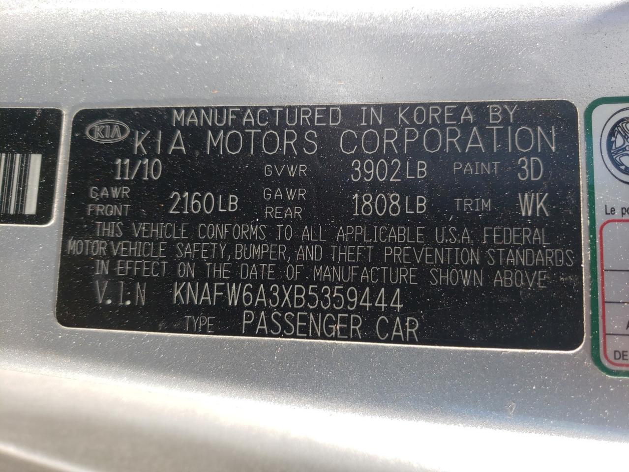 Photo 10 from auction – 2011 KIA FORTE SX with VIN KNAFW6A3XB5359444