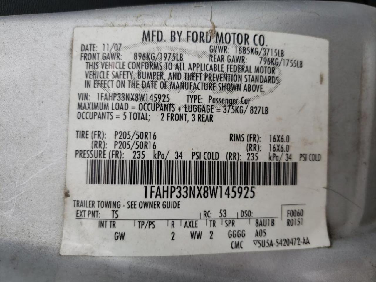 Photo 10 from auction – 2008 FORD FOCUS SE with VIN 1FAHP33NX8W145925