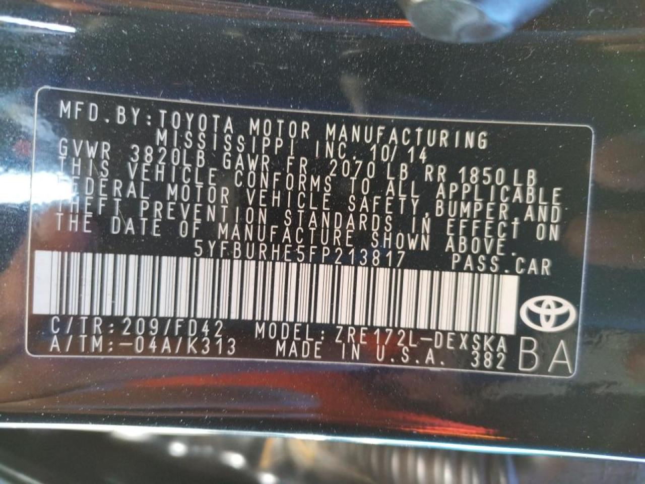 Photo 10 from auction – 2015 TOYOTA COROLLA L with VIN 5YFBURHE5FP213817
