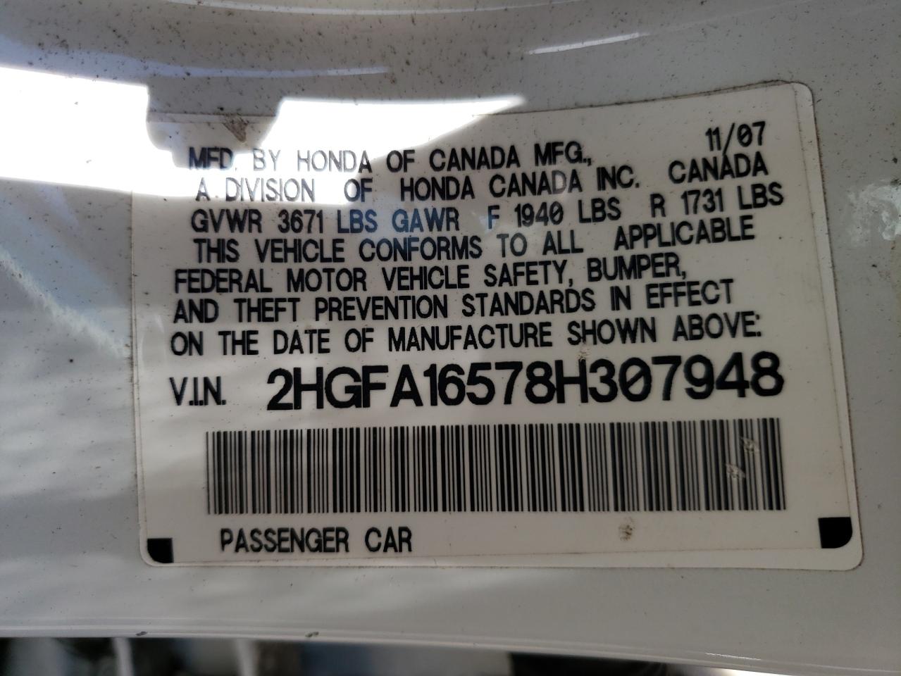 Photo 10 from auction – 2008 HONDA CIVIC LX with VIN 2HGFA16578H307948