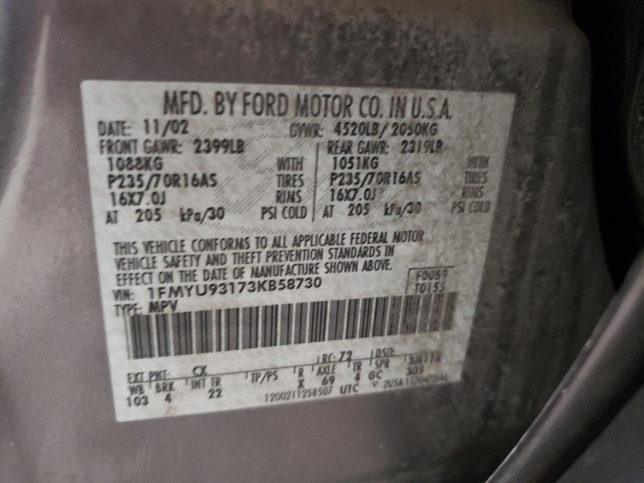 Photo 10 from auction – 2003 FORD ESCAPE XLT with VIN 1FMYU93173KB58730