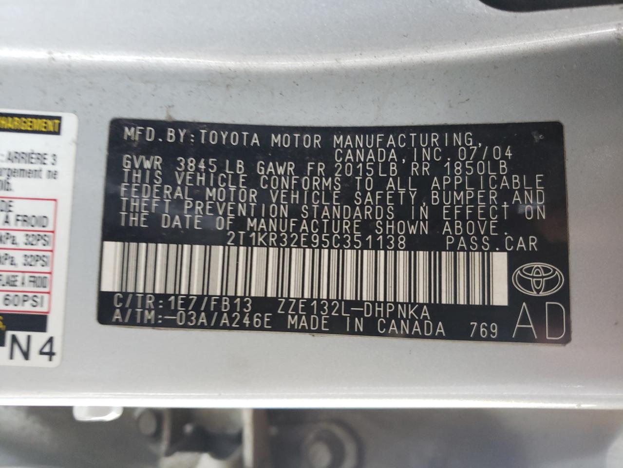 Photo 10 from auction – 2005 TOYOTA MATRIX with VIN 2T1KR32E95C351138