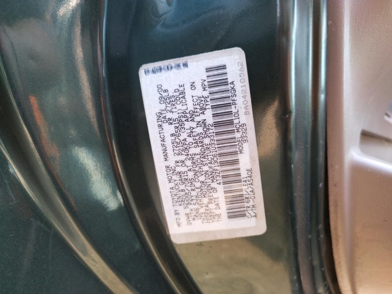 Photo 10 from auction – 2001 TOYOTA SIENNA LE with VIN 4T3ZF13C61U333172