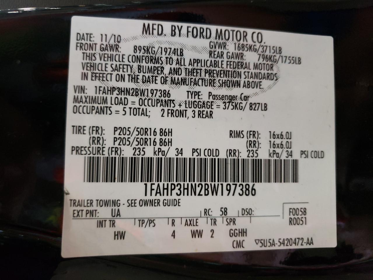 Photo 10 from auction – 2011 FORD FOCUS SEL with VIN 1FAHP3HN2BW197386