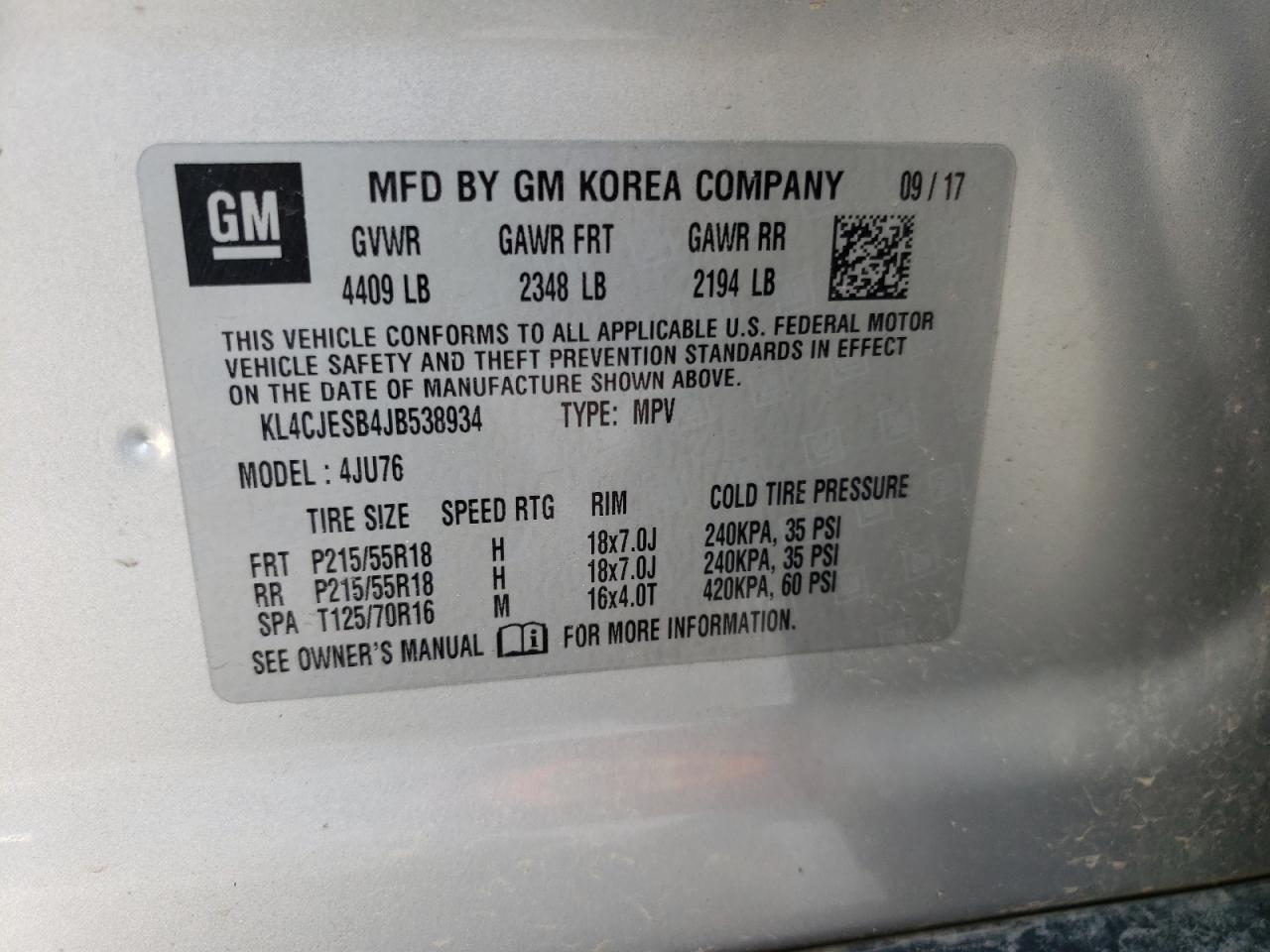 Photo 10 from auction – 2018 BUICK ENCORE PRE with VIN KL4CJESB4JB538934
