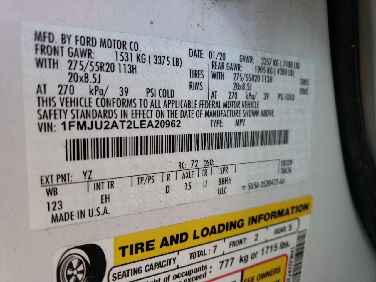Photo 10 from auction – 2020 FORD EXPEDITION with VIN 1FMJU2AT2LEA20962