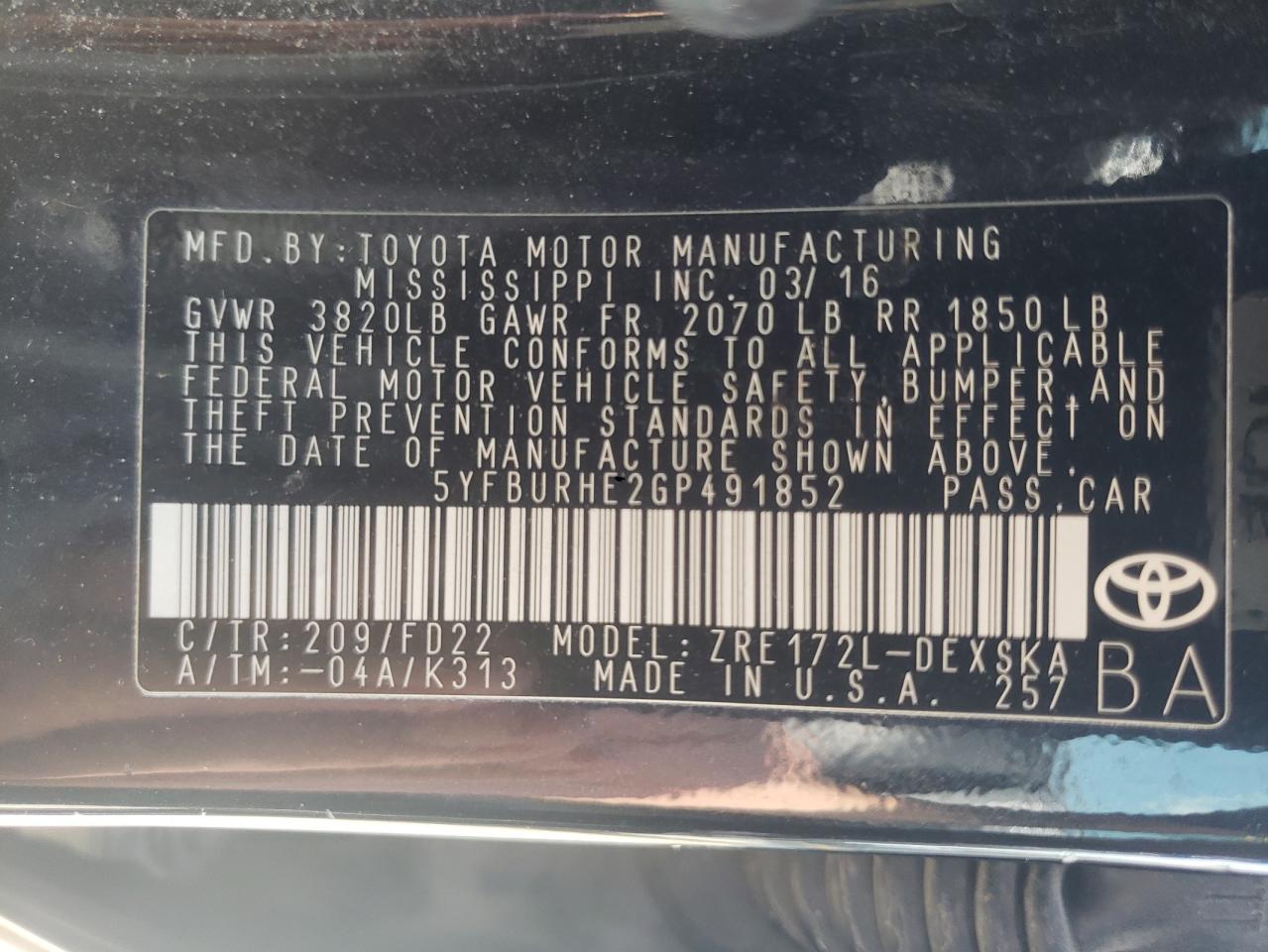 Photo 10 from auction – 2016 TOYOTA COROLLA L with VIN 5YFBURHE2GP491852