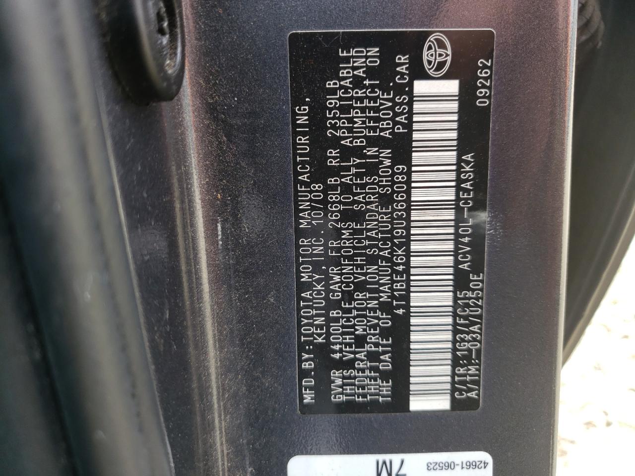 Photo 11 from auction – 2009 TOYOTA CAMRY BASE with VIN 4T1BE46K19U366089