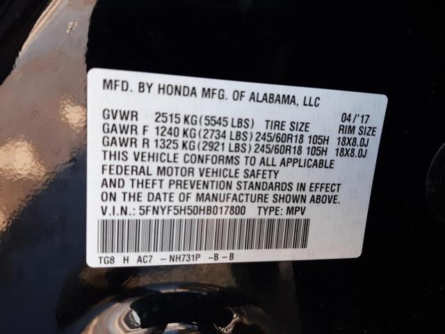 Photo 10 from auction – 2017 HONDA PILOT EXL with VIN 5FNYF5H50HB017800