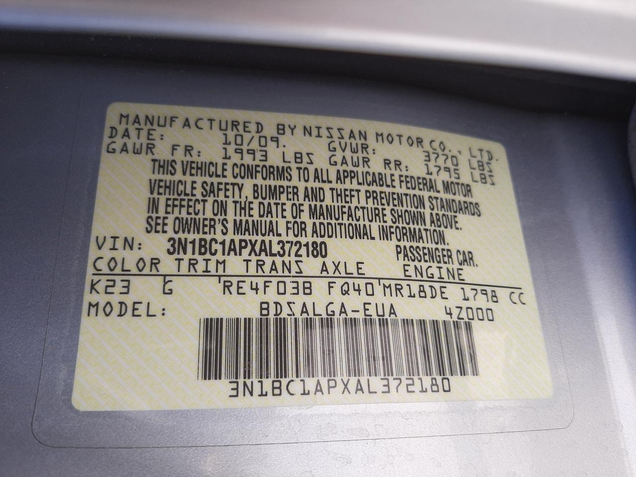 Photo 10 from auction – 2010 NISSAN VERSA S with VIN 3N1BC1APXAL372180