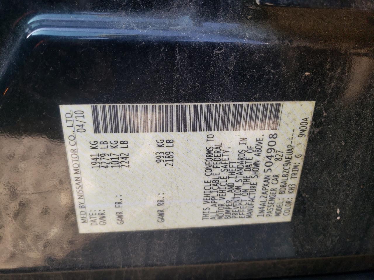 Photo 10 from auction – 2010 NISSAN ALTIMA BAS with VIN 1N4AL2APXAN504908