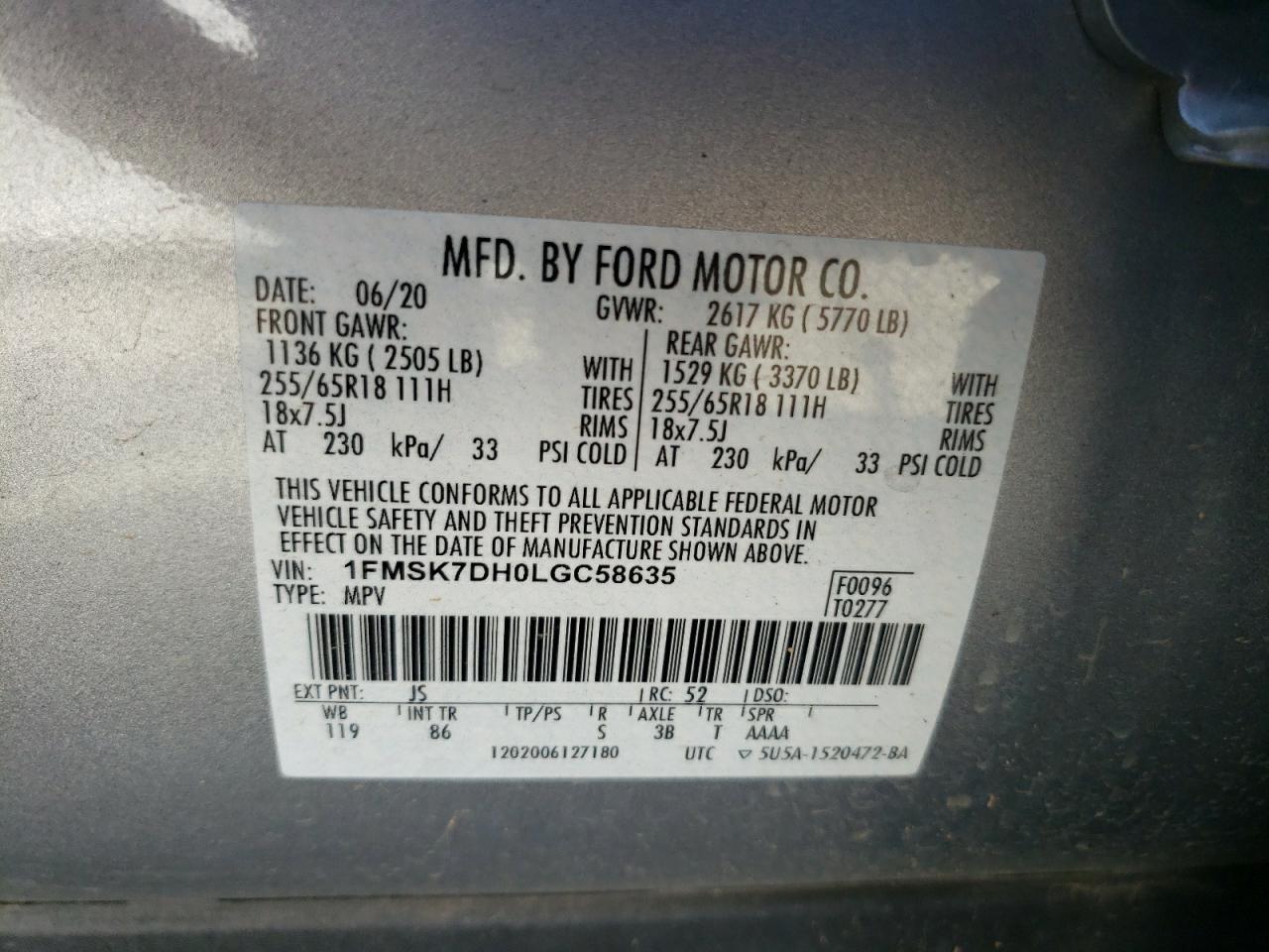 Photo 10 from auction – 2020 FORD EXPLORER X with VIN 1FMSK7DH0LGC58635
