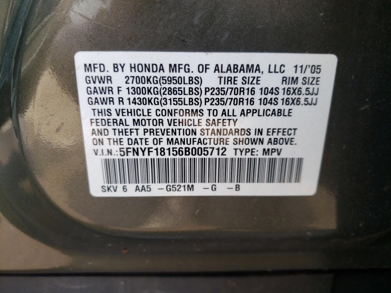 Photo 10 from auction – 2006 HONDA PILOT LX with VIN 5FNYF18156B005712