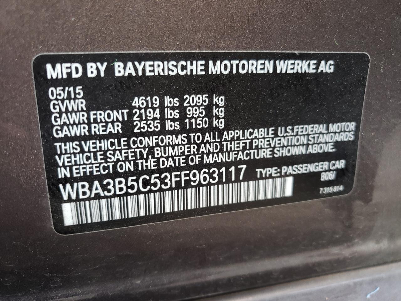 Photo 10 from auction – 2015 BMW 328 XI SUL with VIN WBA3B5C53FF963117