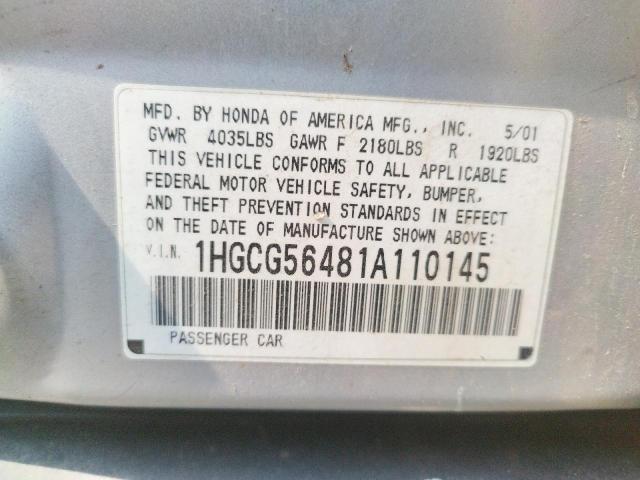 Photo 10 from auction – 2001 HONDA ACCORD with VIN 1HGCG56481A110145