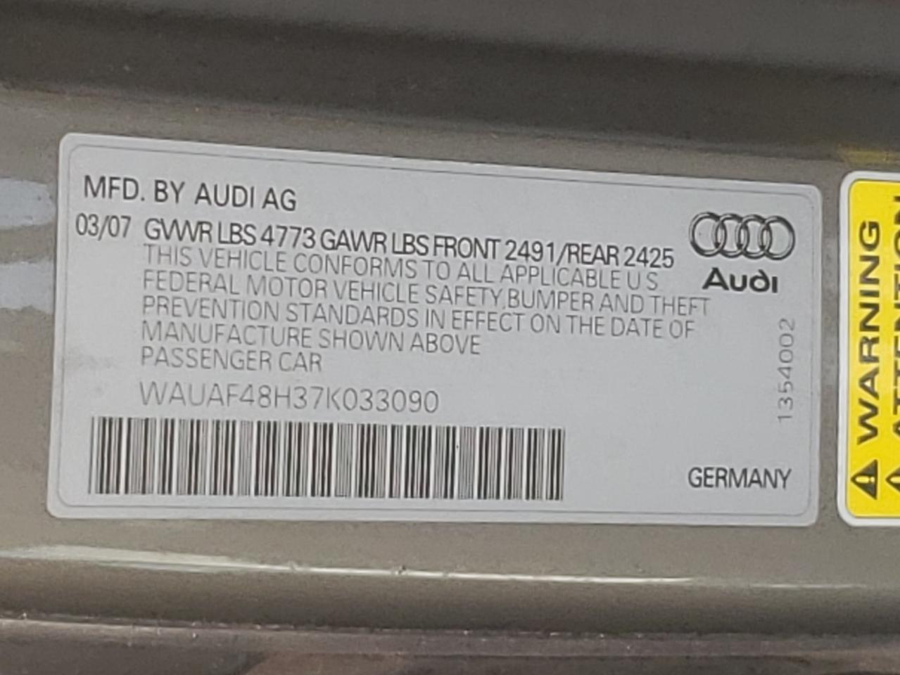 Photo 10 from auction – 2007 AUDI A4 2.0T CA with VIN WAUAF48H37K033090
