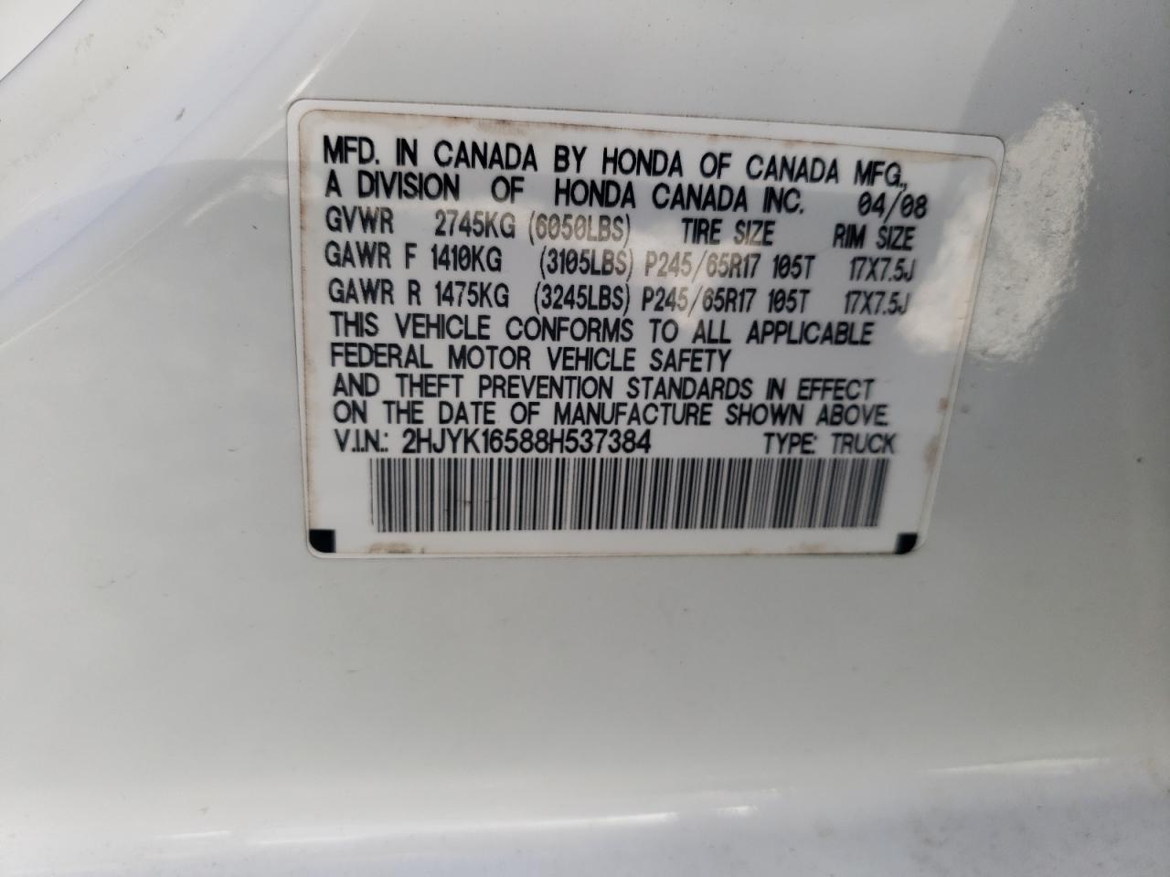 Photo 10 from auction – 2008 HONDA RIDGELINE with VIN 2HJYK16588H537384