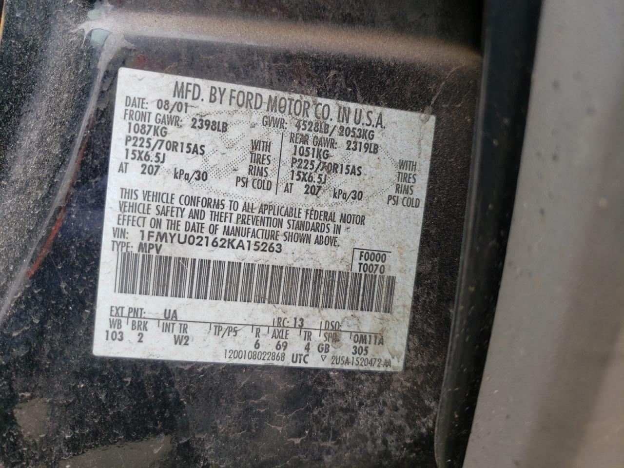 Photo 10 from auction – 2002 FORD ESCAPE XLS with VIN 1FMYU02162KA15263