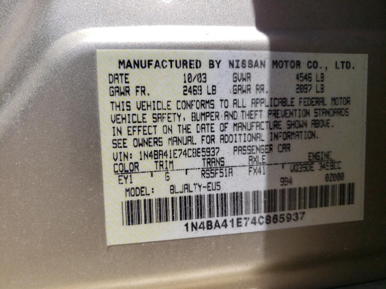 Photo 10 from auction – 2004 NISSAN MAXIMA SE with VIN 1N4BA41E74C865937