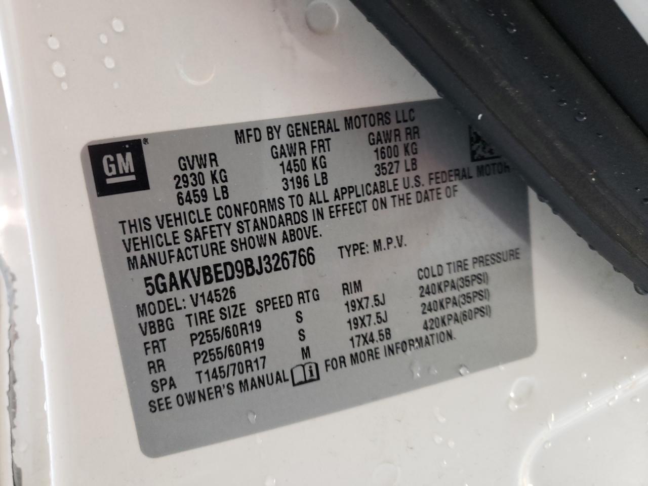 Photo 10 from auction – 2011 BUICK ENCLAVE CX with VIN 5GAKVBED9BJ326766
