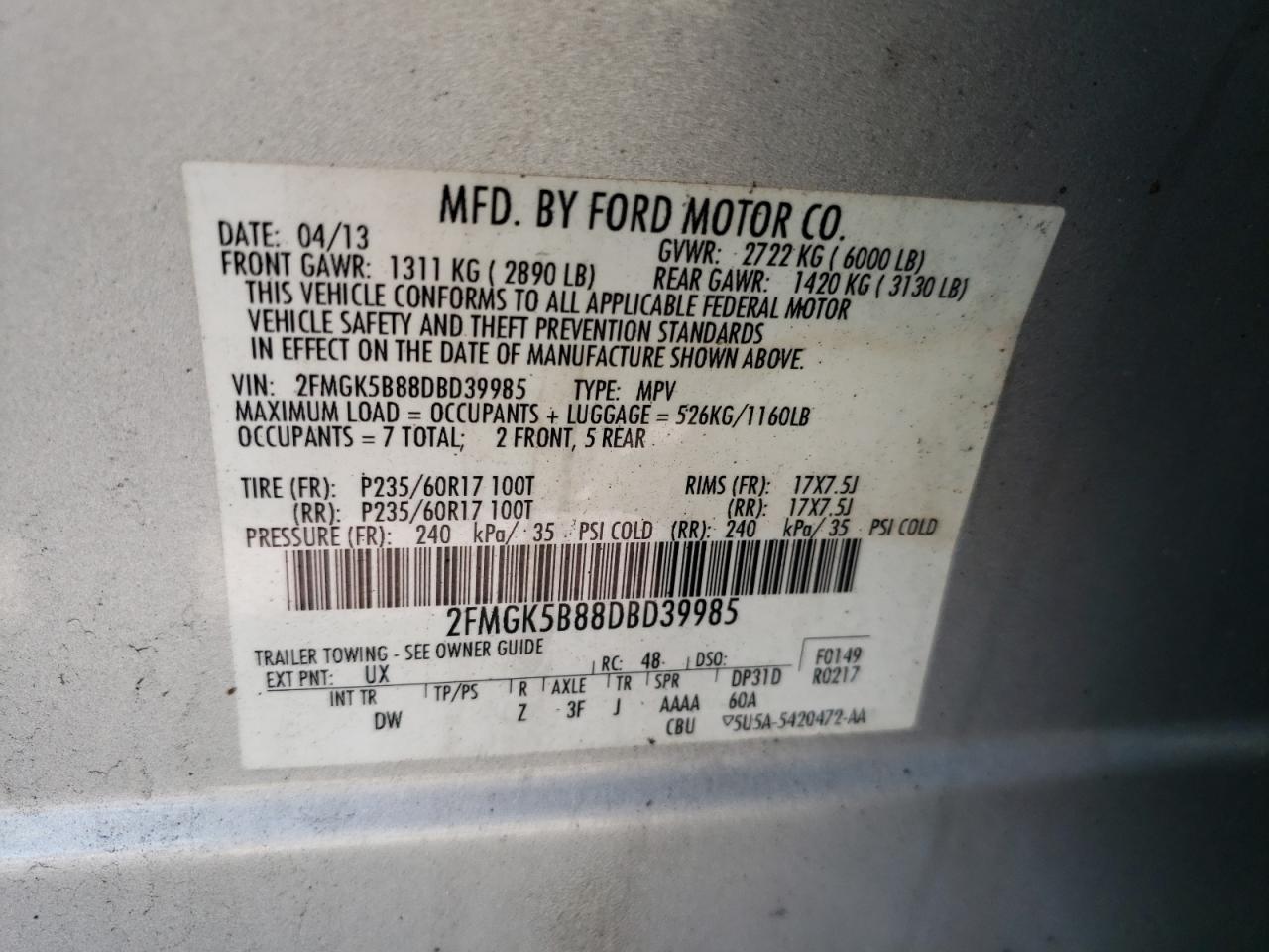 Photo 10 from auction – 2013 FORD FLEX SE with VIN 2FMGK5B88DBD39985