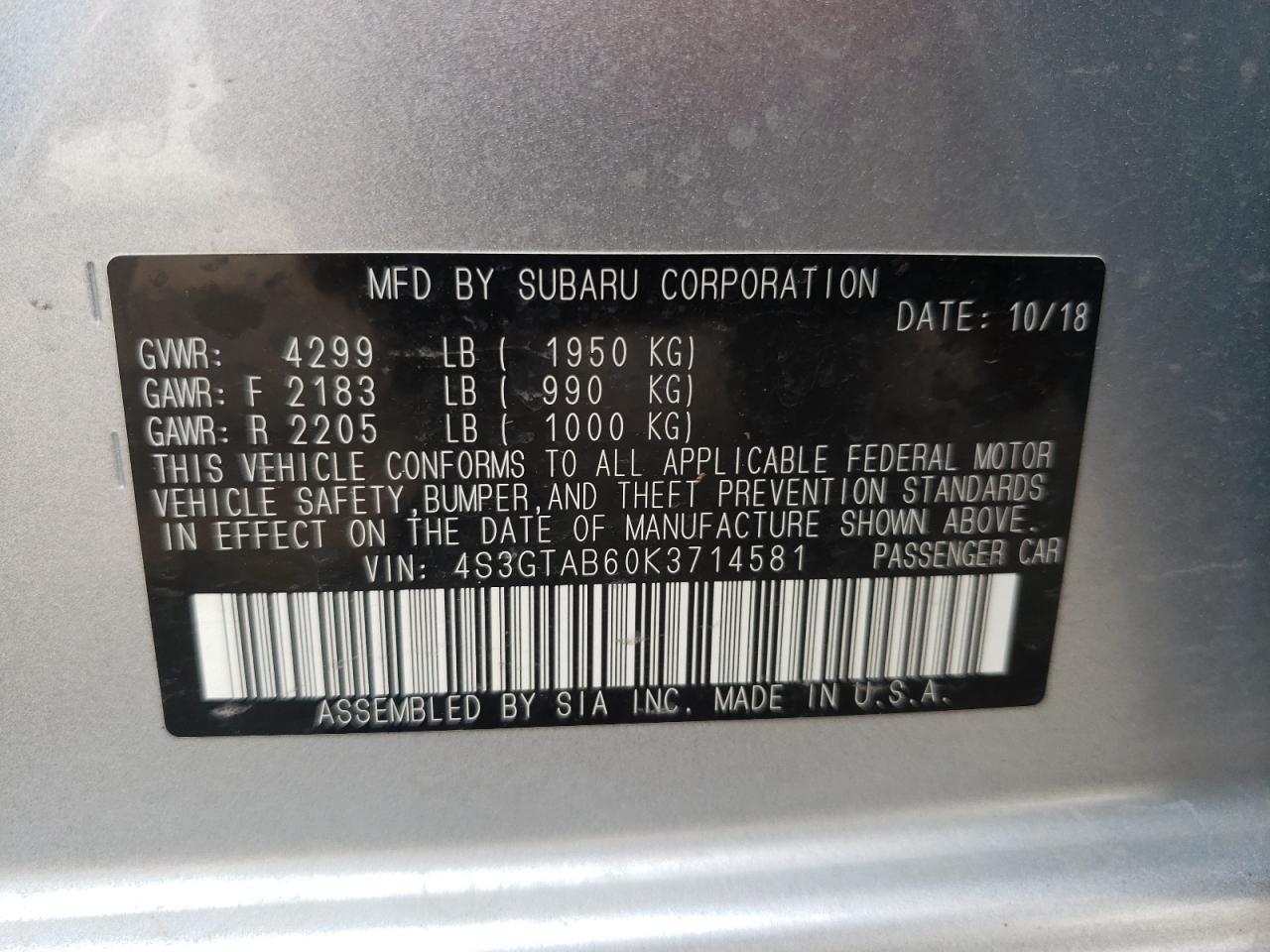 Photo 10 from auction – 2019 SUBARU IMPREZA with VIN 4S3GTAB60K3714581