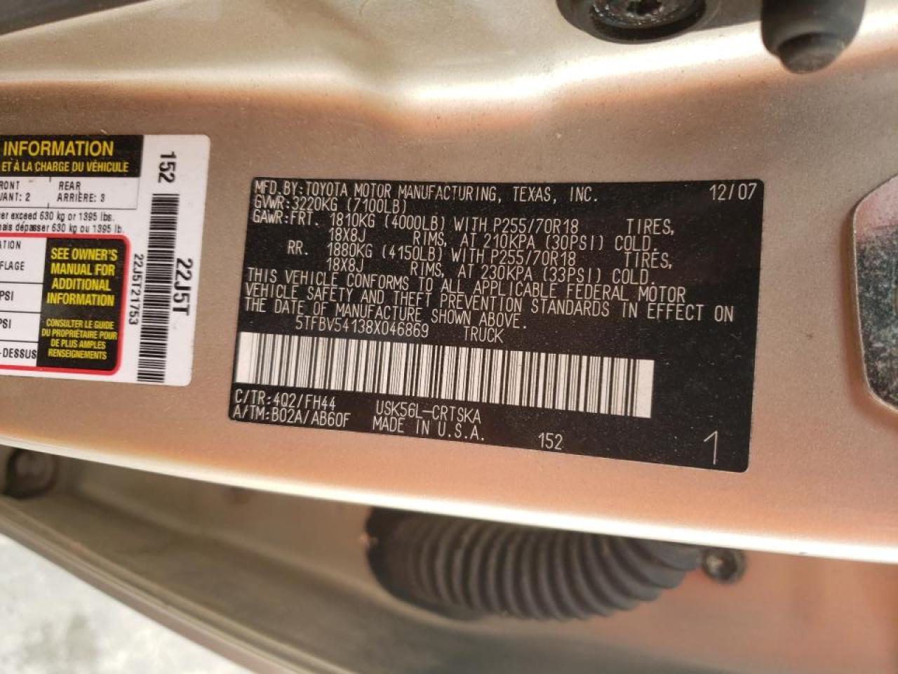 Photo 10 from auction – 2008 TOYOTA TUNDRA DOU with VIN 5TFBV54138X046869