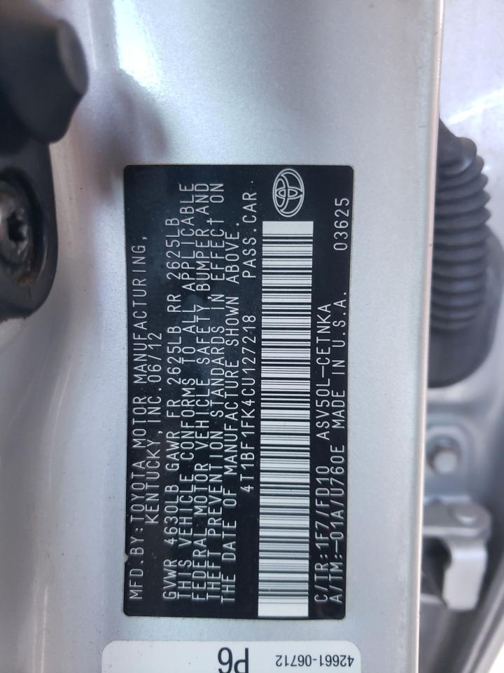 Photo 10 from auction – 2012 TOYOTA CAMRY BASE with VIN 4T1BF1FK4CU127218