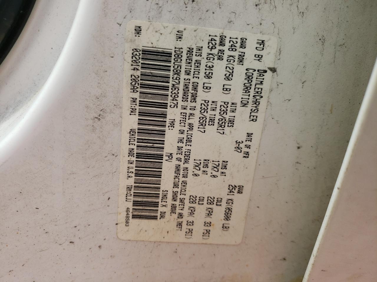 Photo 10 from auction – 2007 DODGE NITRO SLT with VIN 1D8GU58K97W639475