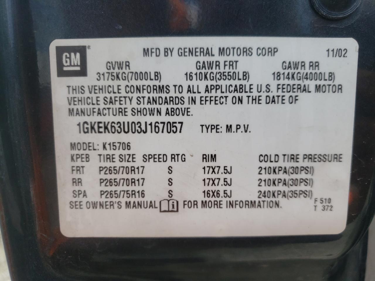 Photo 10 from auction – 2003 GMC YUKON DENA with VIN 1GKEK63U03J167057